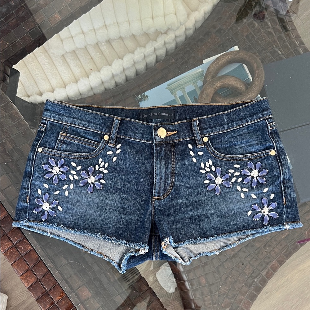 Juicy Couture Blue Floral Embroidered Jean Shorts